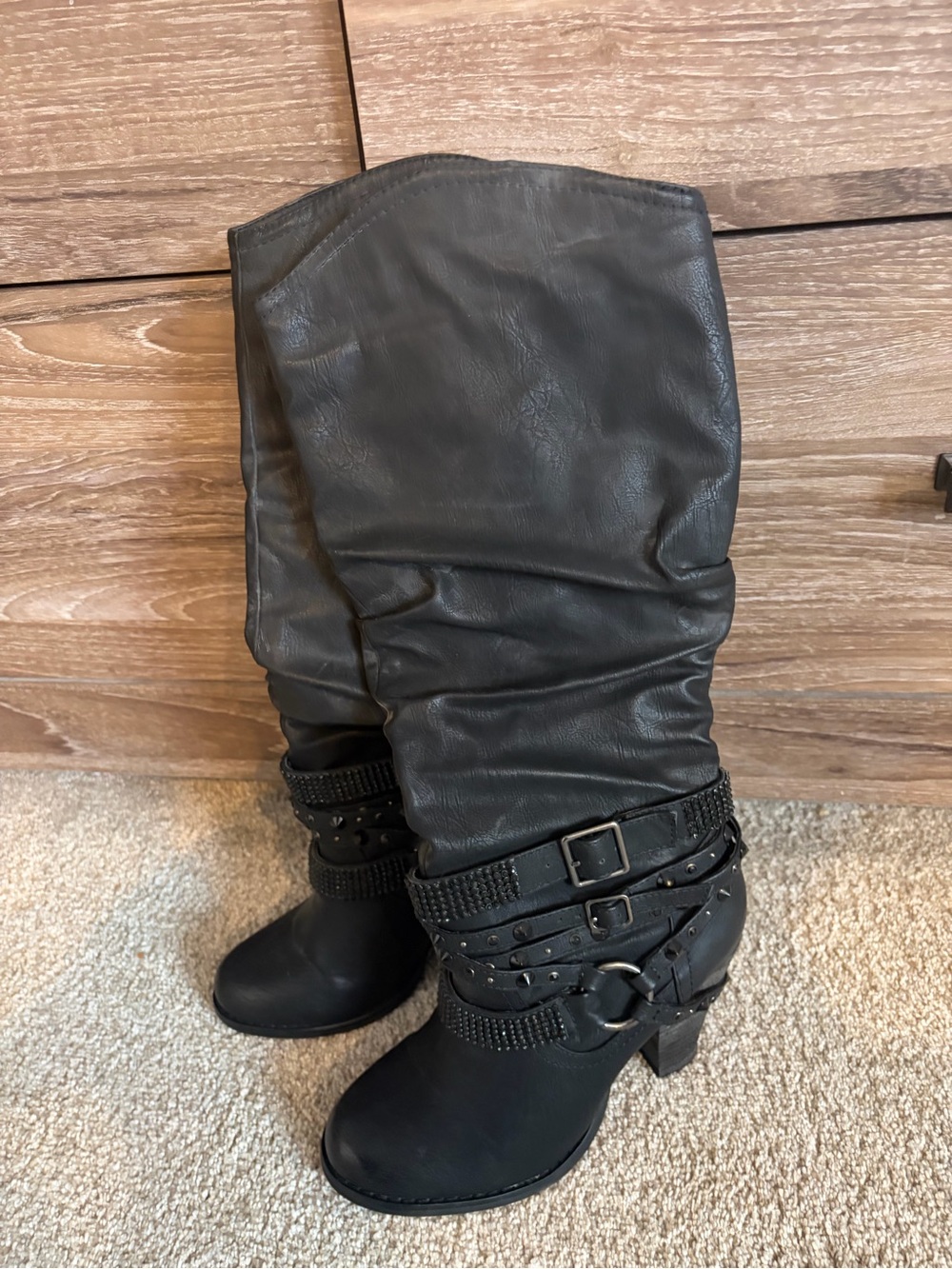 Not Rated Black Slouchy Knee-High Heeled Boots with Buckle Straps